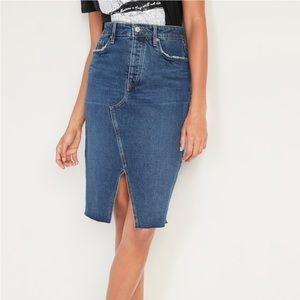 High rise button fly cut off Jean pencil skirt